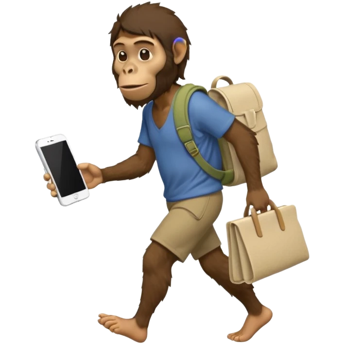 Draw an Australopithecus walking like a nomad, carrying a cloth bundle on its back and holding an iPhone in one hand and an open laptop (screen visible) in the other, in a cute flat iPhone emoji style emoji
