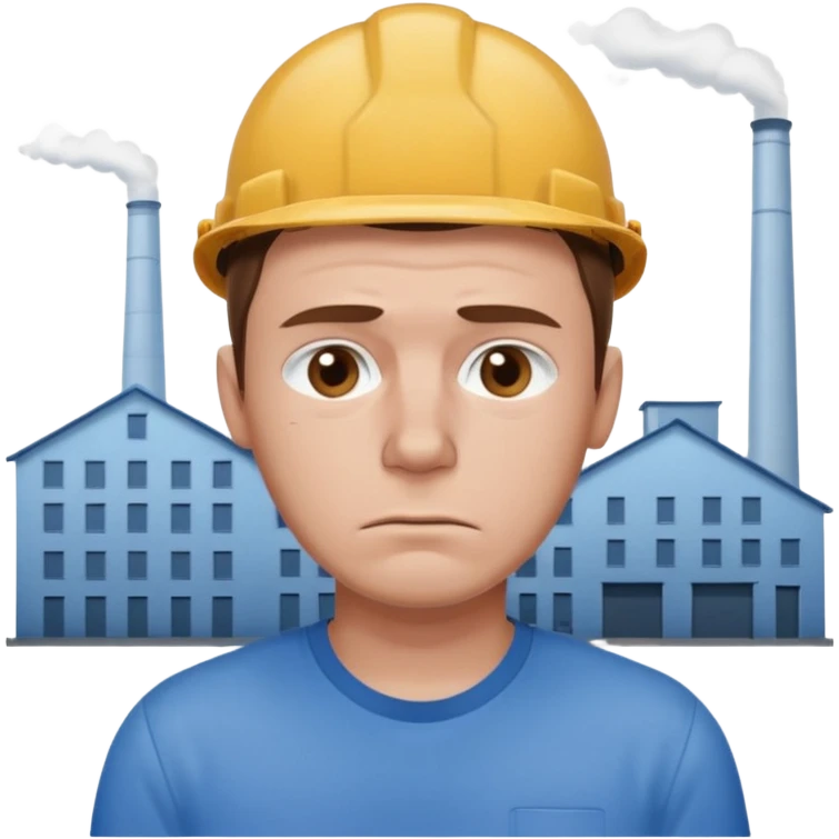 tired sad man with sweat on forehead, factory behind emoji