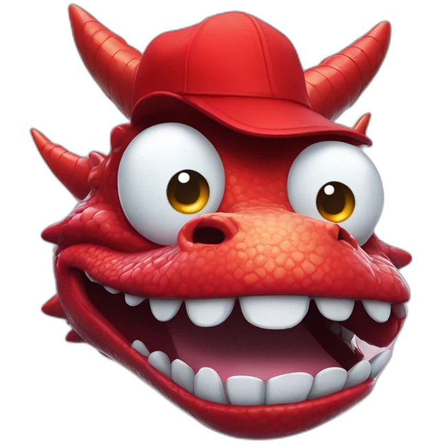 Crazy funny red dragon head with human white teeth and beautiful smile wearing glasses and hat emoji