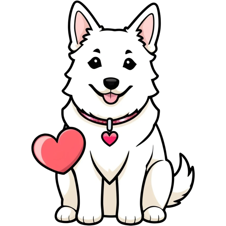 white Swiss Shepherd dog with a Glitter collar . ober the Dog ist a heart emoji