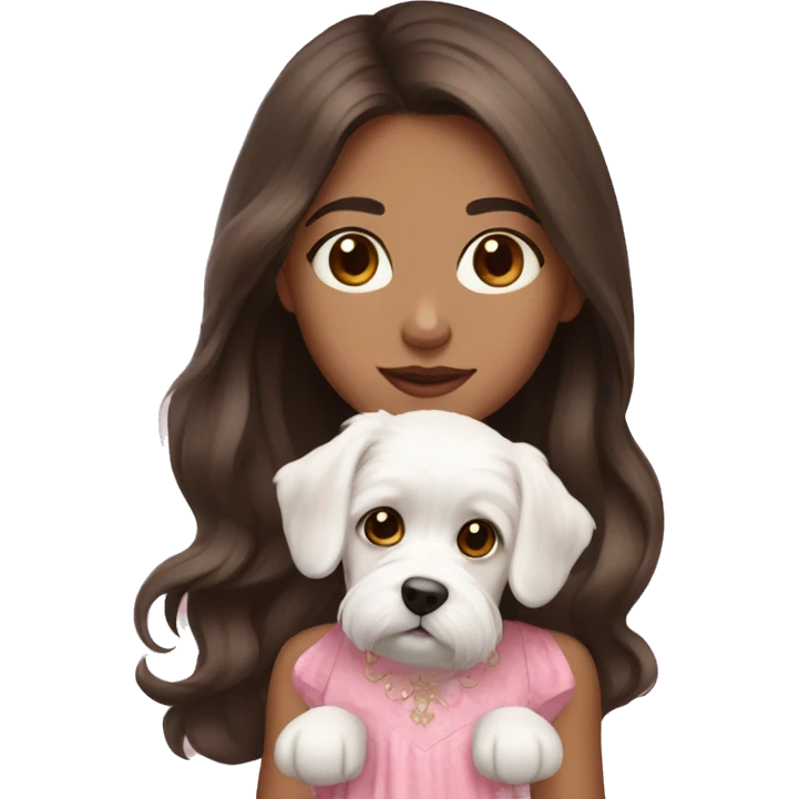 Darkbrown long hair brown eyes girl with maltese puppy with pink dress emoji