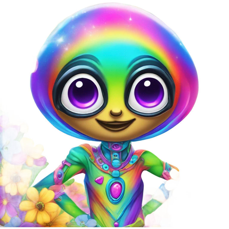 Lisa frank rainbow alien with big oval head and big black eyes with flowers emoji
