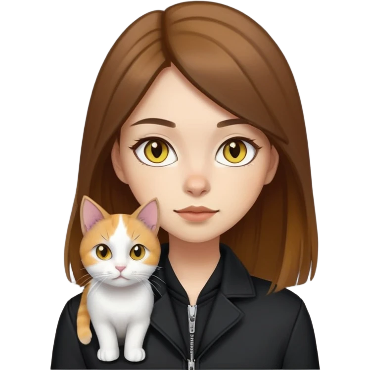 Light-skinned girl with brown straight hair wearing a black jacket, with a white cat with yellow eyes and a calico cat emoji