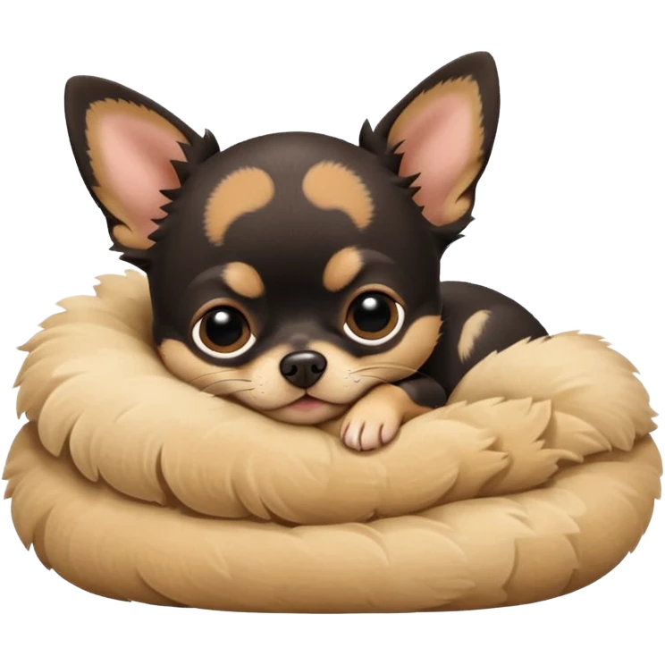 A high-resolution photo-realistic digital illustration of a cute black and tan chihuahua with big eyes shut sleeping lazily. emoji