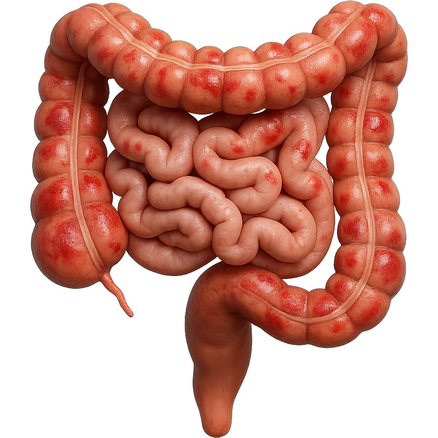 intestino umano anatomico con rossori sparsi sul colonm, iperrealistico 4k emoji