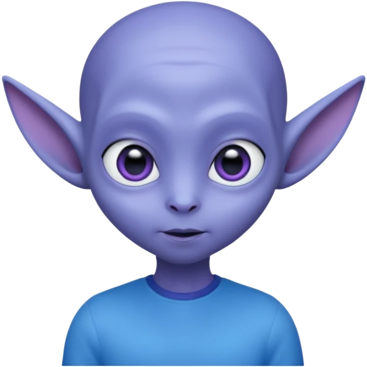 Portrait of an cute alien with smooth purple-blue skin, large black oval eyes, small nose, and visible ears, elongated head, front-facing, wearing blue t-shirt, soft glow, simple futuristic design emoji