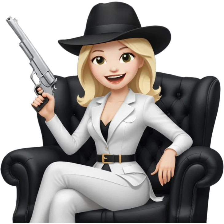 Mafia blondes Laughter woman in hat , gun ,black armchair , white costume  emoji