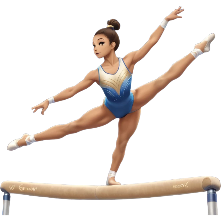 An acrobat performing a dynamic move on the balance beam, rings, or parallel bars, showcasing strength and precision. The acrobat is in mid-action, gracefully balanced, with a focused expression. The background features a professional gymnastics gym with bright lights and a cheering crowd emoji
