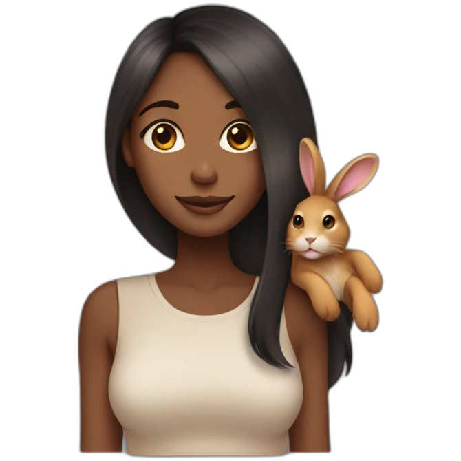 black woman long hair holding floppy eared tan rabbit cute emoji
