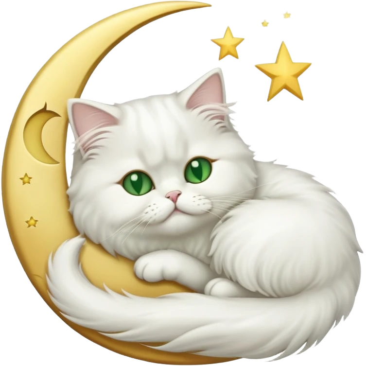 White Persian cat with green eyes sleeping on crescent moon  emoji