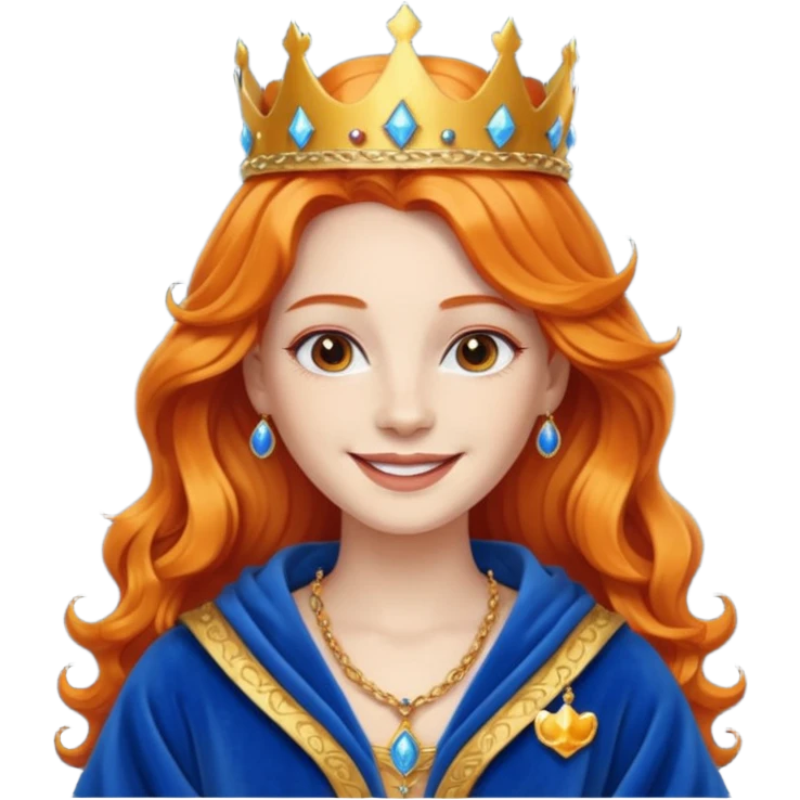 young queen white skin, long wavy orange hair, bright smile, wearing crown and blue robe emoji emoji