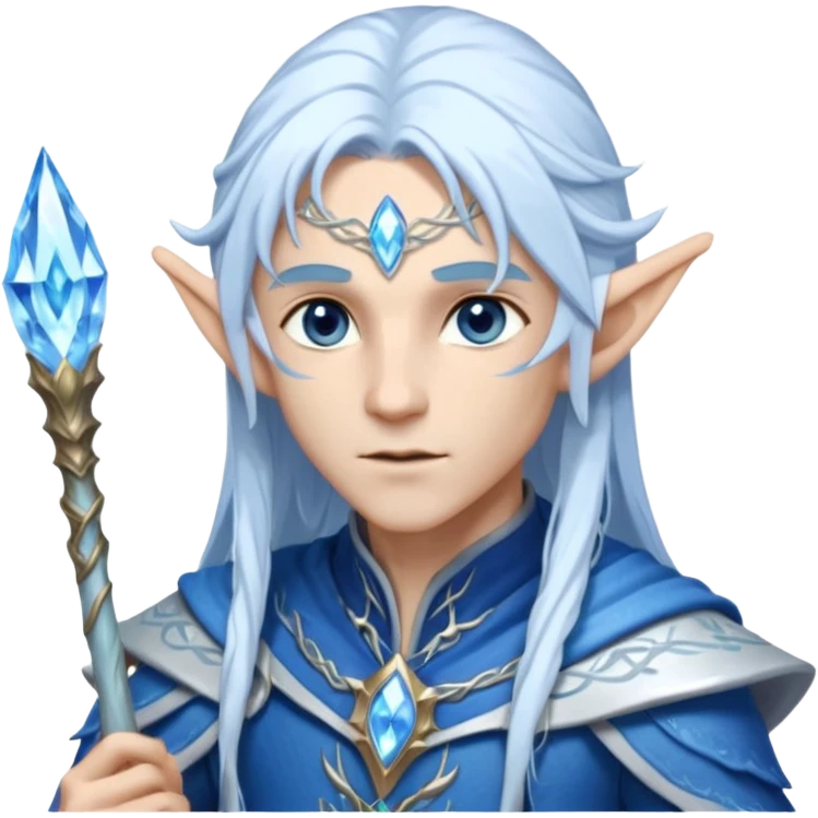Legendary fantasy Christmas elf portrait icon, Santa Claus and Snow Maiden inspired, ancient winter spirit style, long flowing white-blue hair, glowing frost eyes, crystal staff, elegant elven features, divine winter magic aura, icy silver color palette, highly detailed but clean emoji icon male emoji