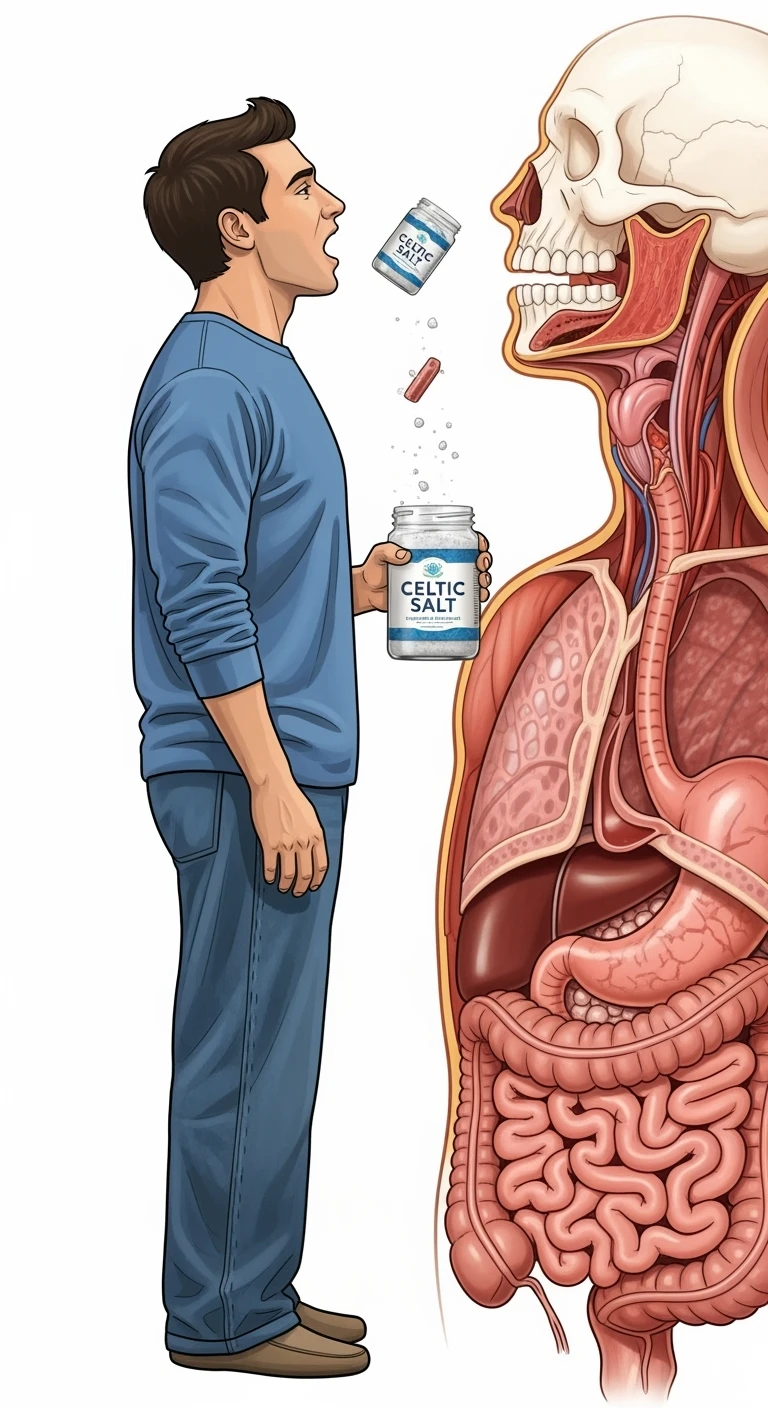 A MEDICAL ILLUSTRATION OF A REALISTIC human body holding a jar with "CELTIC SALT" written on the label, he throws it in his mouth DURING BREAKFAST emoji