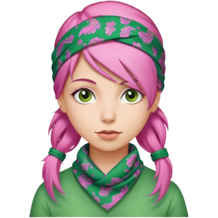 woman with a green paisley bandana and pink hair emoji