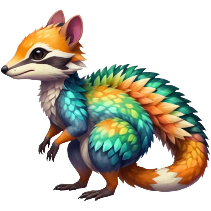 Colorful Fruity Iridescent Warm-colored Tropical Exotic Vernid-Sergal-Trico-Numbat-Nargacuga-fusion-hybrid-animal-creature, full body emoji