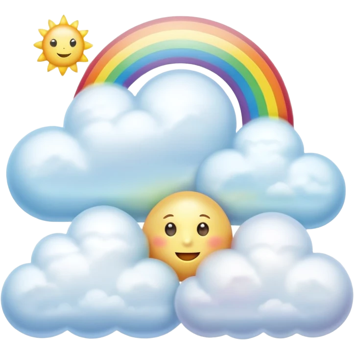 3d rendering, isolated, opalescent pearlescent colored, perfectly shaped, soft fluffy clouds, with a soft buttery sun shape and a small rainbow behind, dpi 300, 8k emoji