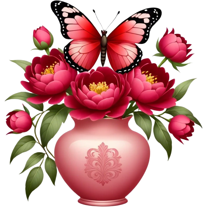 Delicate butterfly with Ruby and Wine Red wings perched on a Fiery Red bouquet of Peonies in an elegant Pastel Rose vase, bathed in warm, soft lighting. emoji