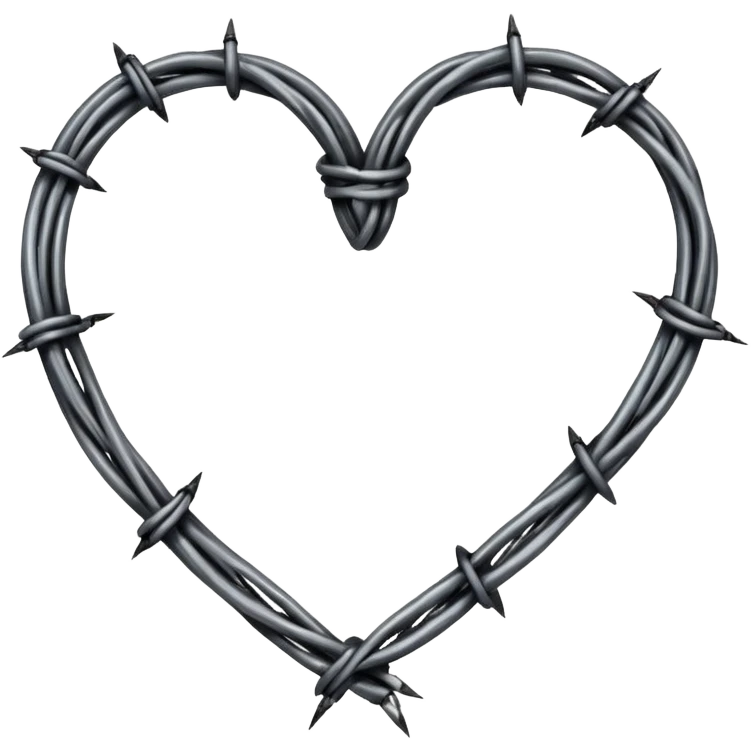 Minimal black line art heart made from barbed wire, hand-drawn sketch look, uneven ink strokes, 6–7 barbs with twisted knots, simple clean outline, centered on plain white background, high contrast emoji