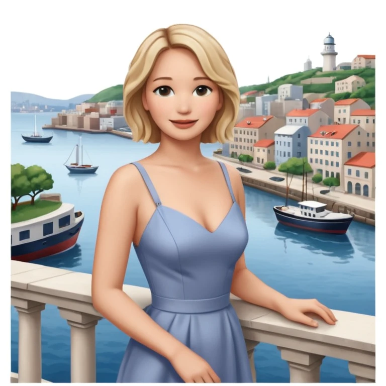 jennifer lawrence, closeup portrait , leaning on a balcony with a harbor and cityscape in the background, smiling emoji