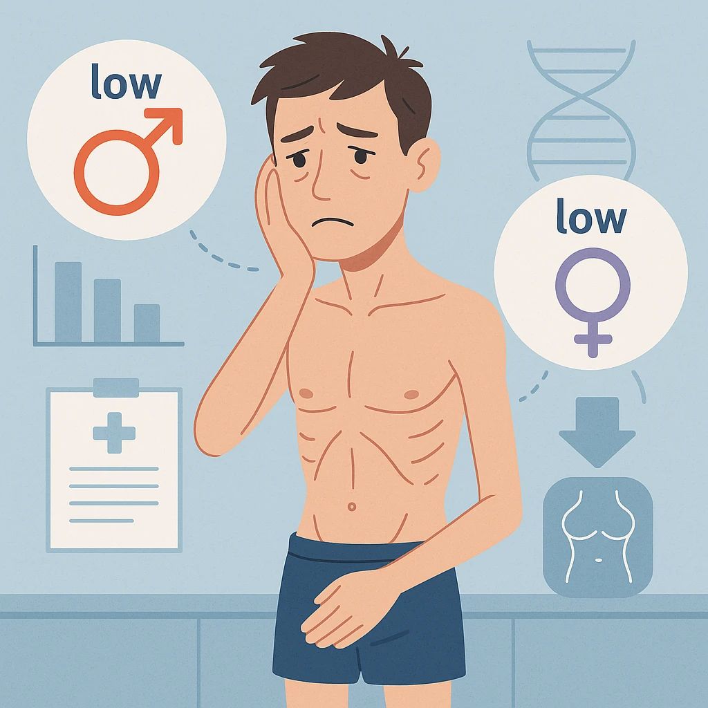Uomo con squilibri ormonali a causa dei grassi bassi nel corpo e ha testosterone ed estrogeni bassi, in italiano emoji