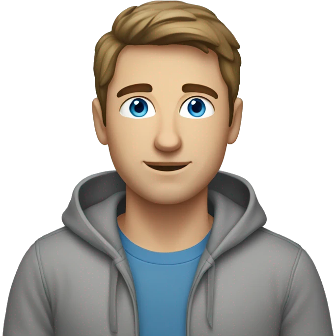 A caucasian man with short brown hair wearing a grey hoodie with blue eyes emoji