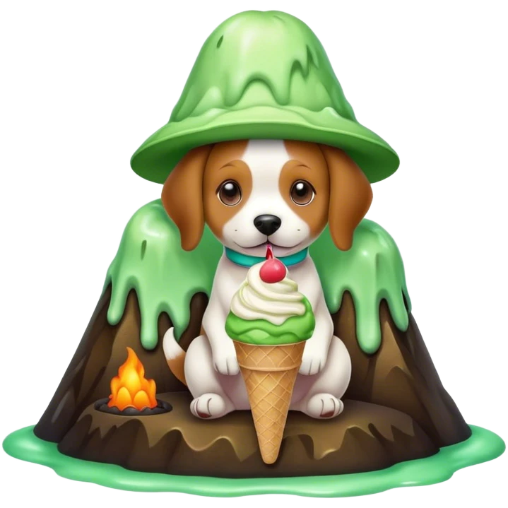 a dog with a hat and ice cream in green colour and sitting in a volcano emoji