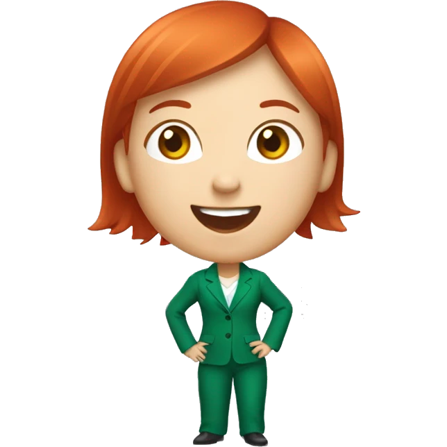 a girl with red hair, wearing an emerald pantsuit, ((cheerful, laughing)), surrounded by a white outline, on a transparent background emoji
