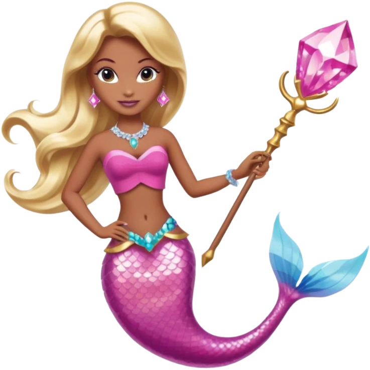 Brown skin blonde hair barbie mermaid with pink diamond tail and wand  emoji