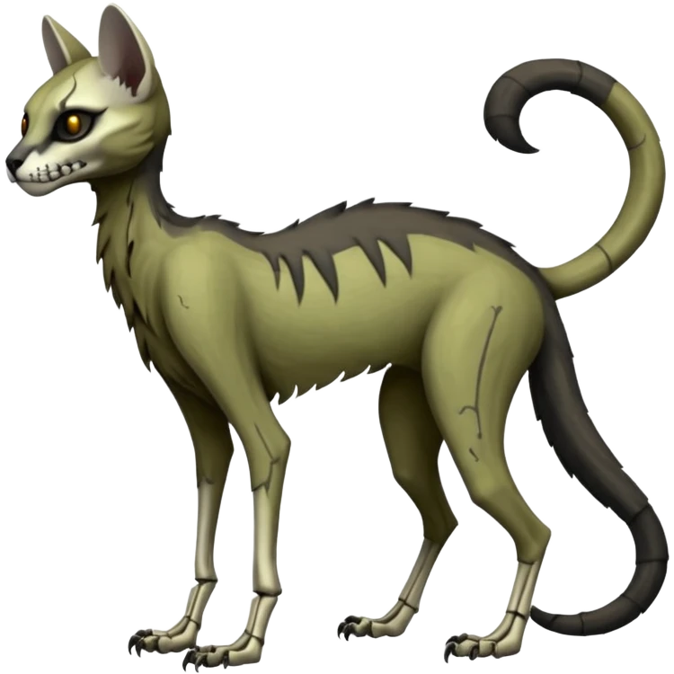 long-snouted evil skeletal skully zombie-like swampy ghostly dull spectral edgy spooky bloody meager thin cool skeleton-zombie-caracal-civet-genet-sergal-vernid-Gryphon-Cacomistle-Trico-oncilla-animal-Fakémon-hybrid-fursona (full body) emoji