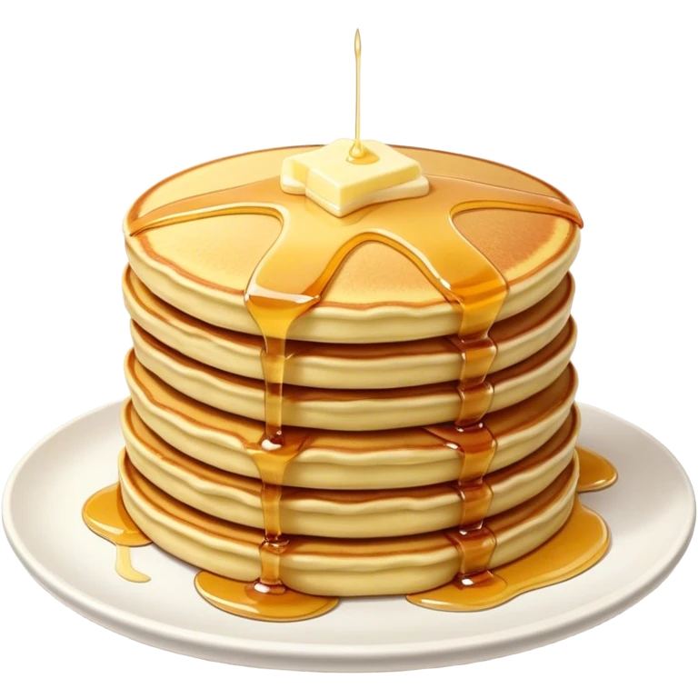 Cinematic fluffy golden pancakes, stacked high, drizzled with maple syrup, topped with fresh butter melting on top, light dusting of powdered sugar, warm and inviting, soft glow and mouthwatering. emoji