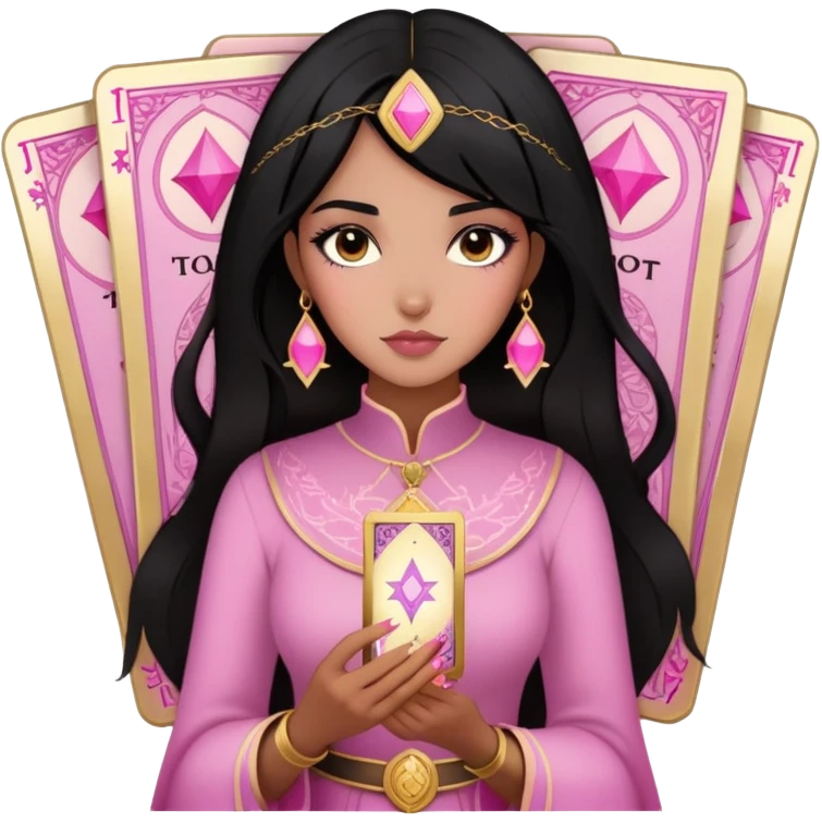 black hair girl with pink pink tarot gold cards emoji