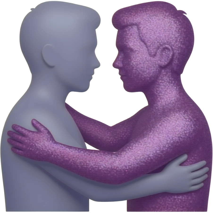 Two minimalist silhouettes embracing, one solid and the other composed of purple glitter, symbolizing invisible disability and support emoji