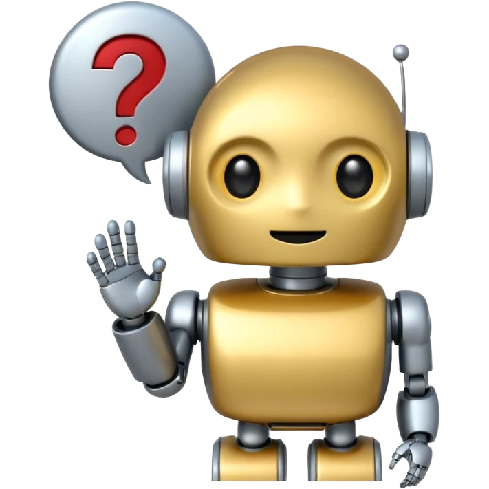 cute robot emoji with a speech bubble containing a question mark and a small error icon, representing an AI bot that sometimes makes errors emoji