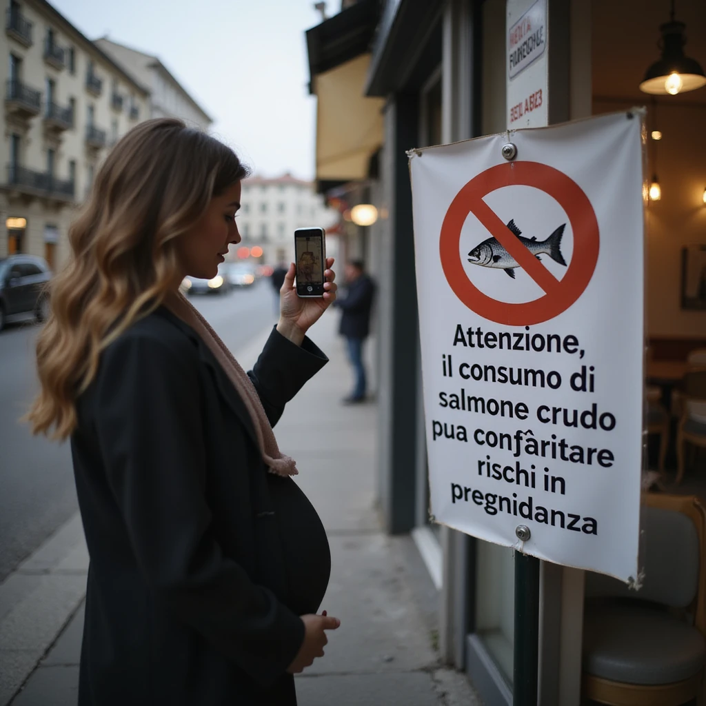 realistic pregnant woman in 4K taking a photo with a cellphone of a sign that says: 'Attenzione, il consumo di salmone crudo puo comportare rischi in gravidanza' emoji