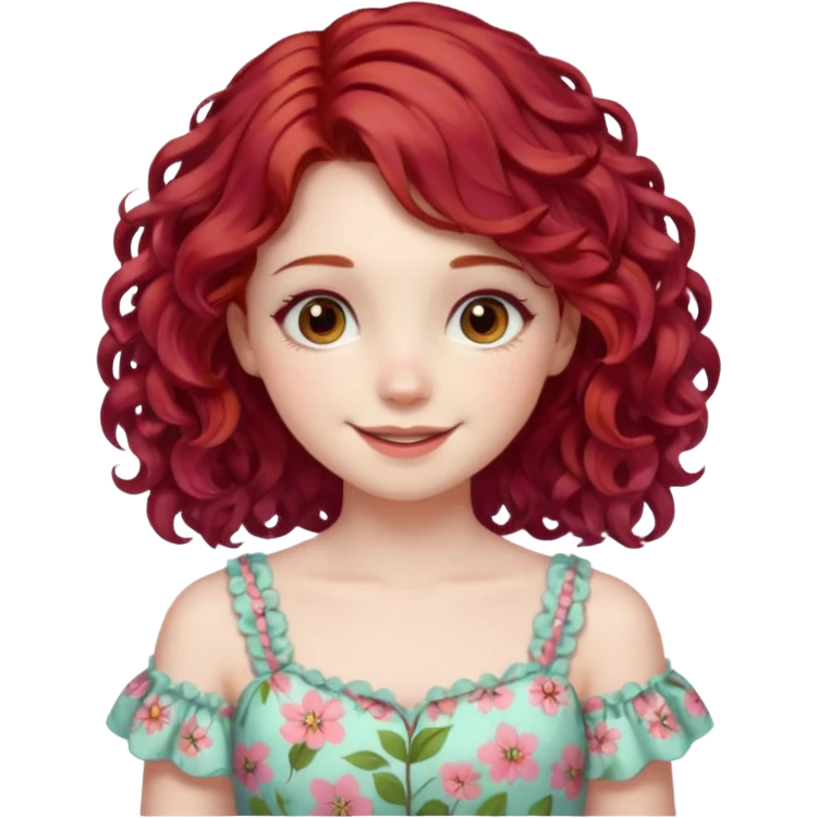 girl with shoulder length curly cherry red hair with brown eyes and pale skin smiling. pastel dress emoji