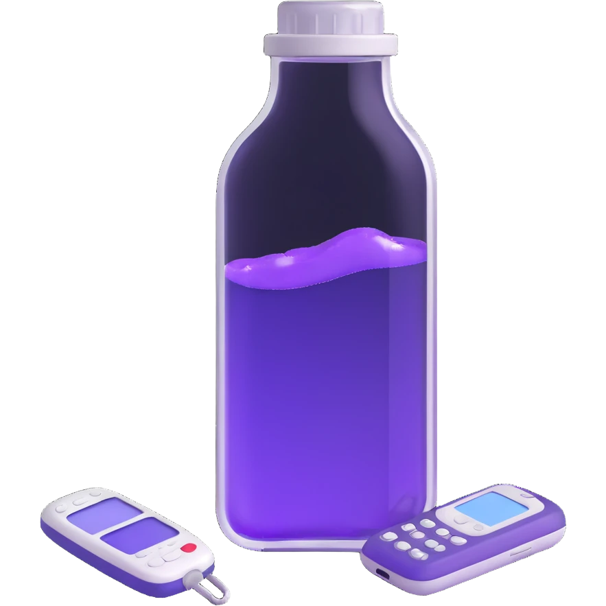 3D style transparent bottle with floating purple elixir inside and a Nokia 3310 style phone, very realistic, no text emoji