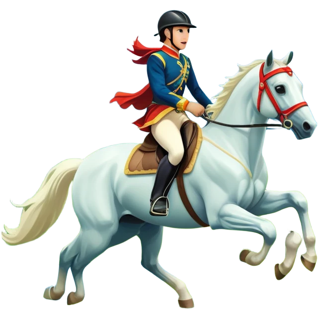 An icon showcasing a majestic horse and rider in full gallop across a lush green field. The background features a clear sky, distant mountains, and a vibrant landscape. The rider wears traditional gear, while the horse leaps with grace and power. Transparent background emoji