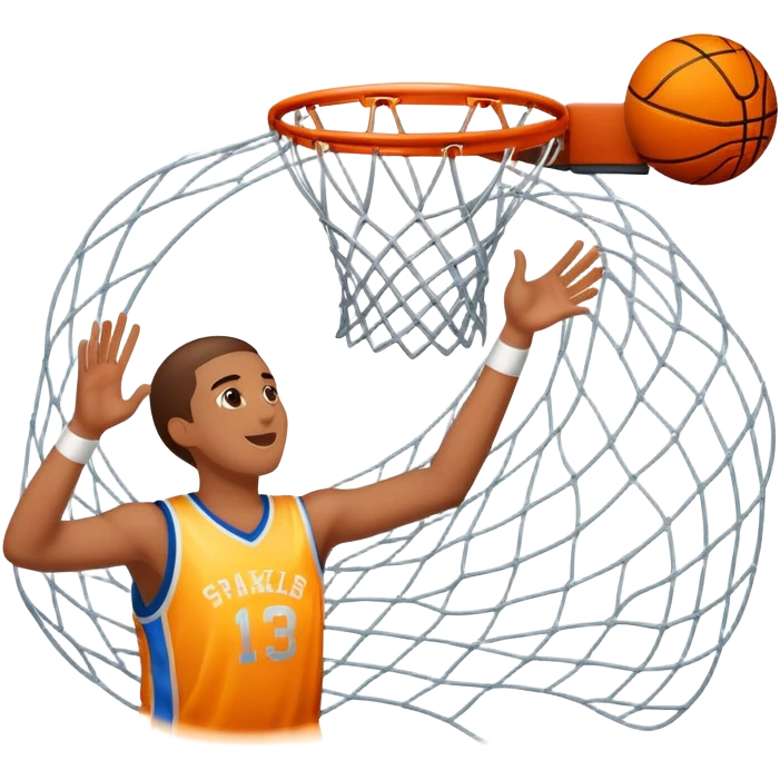 Basketball with sparkle effects around it as it passes through net, celebration moment, iOS emoji style emoji
