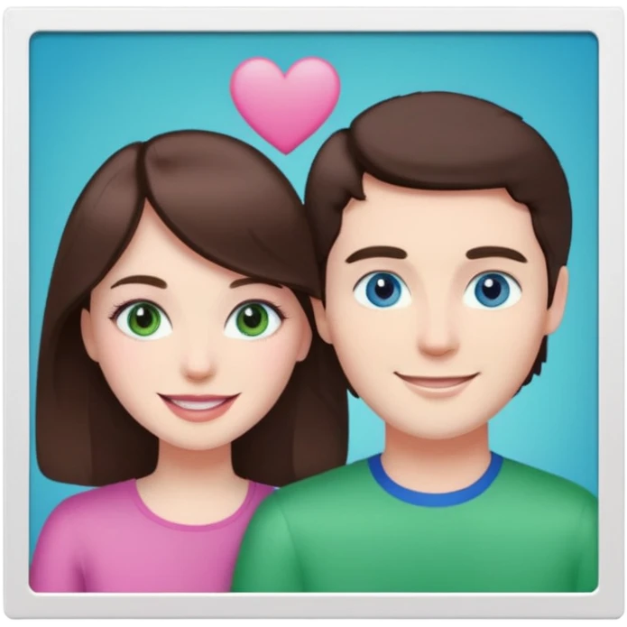 pink polaroid photo of a couple thats white with brunette hair blue and green eyes emoji