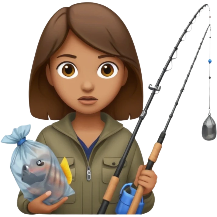 girl fishing, caught trash bag on rod emoji