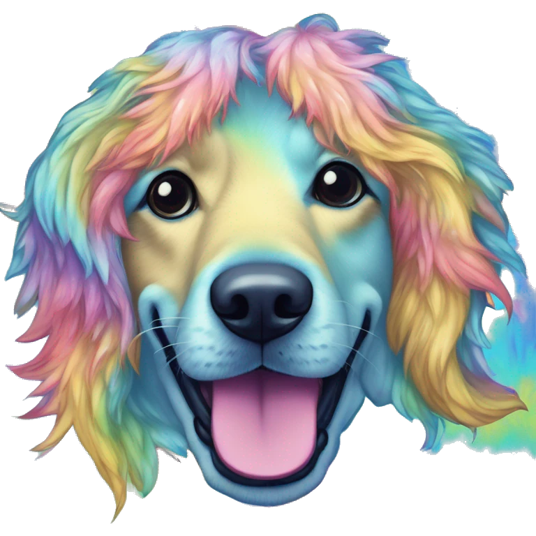Multicolored rainbow retro groovy tie dye hippie trippy floral patterns on a metallic holographic iridescent blue dog face head unicorn emoji
