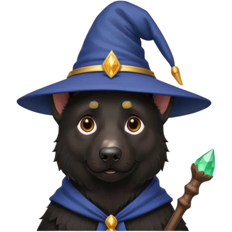all black german shepherd face wearing a wizard hat and staff emoji