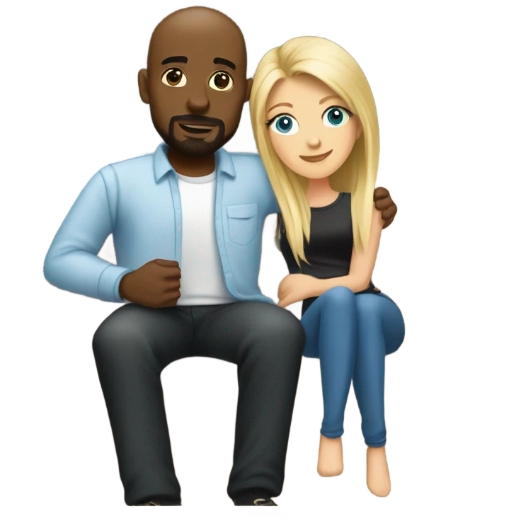 Blonde woman with blue eyes and long straight hair and black man who is bald with a goatee seated together on a sofa enjoying a passionate embrace.   emoji
