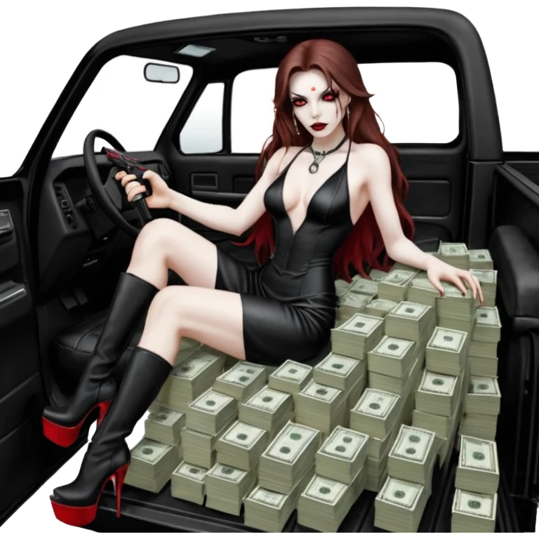 Lilith red eye seductress evil long brown haired sexy succubus woman with leather long seductive dress on, sitting in Big Large F350 pickup truck. Wearing super tall black platform high heels, Back seat full of stacks of cash, she is  Holding a human skull of her enemies and a gun in other hand emoji