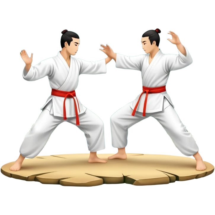Two martial artists in traditional Wushu attire, performing elegant, fluid moves. The background shows a peaceful, scenic landscape with mountains and bamboo trees, symbolizing the balance of power and grace in Wushu.  emoji
