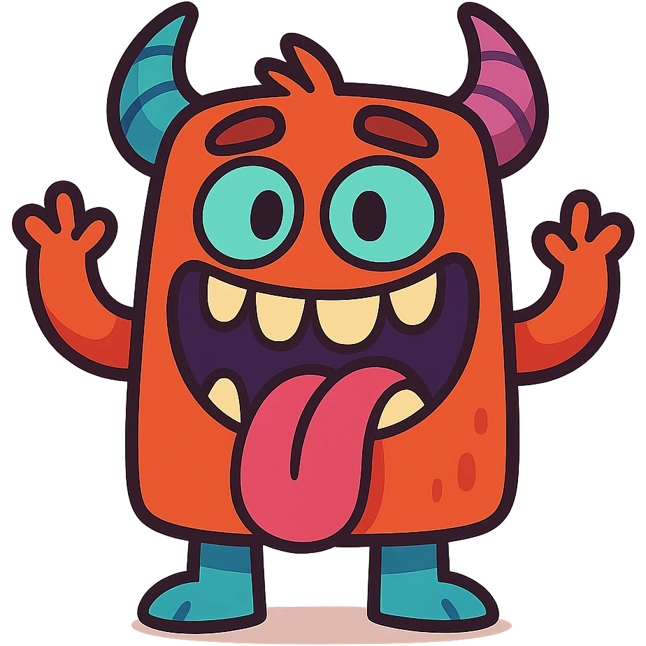 funny monster with exaggerated teeth and tongue, vibrant colors, bold lines, cute style emoji