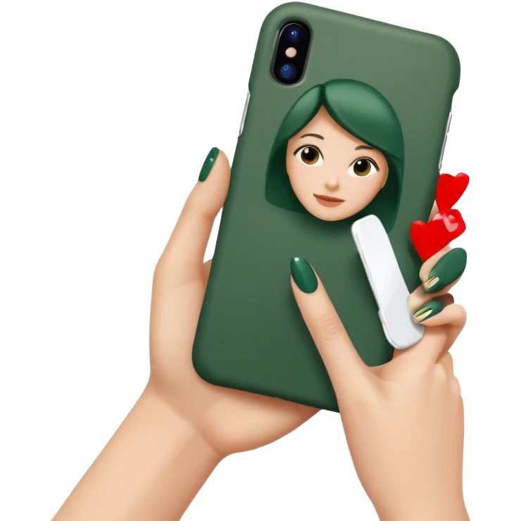 female hand with nude manicure (5 fingers) holding a white iPhone in a dark green case, minimalism, angled view, emoji style emoji