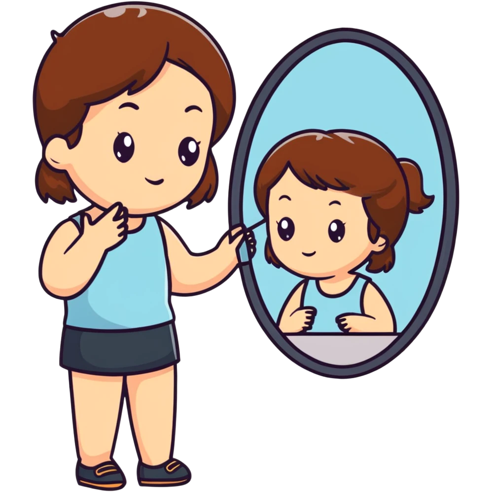 White girl with brown hair checking herself in a wall mirror emoji