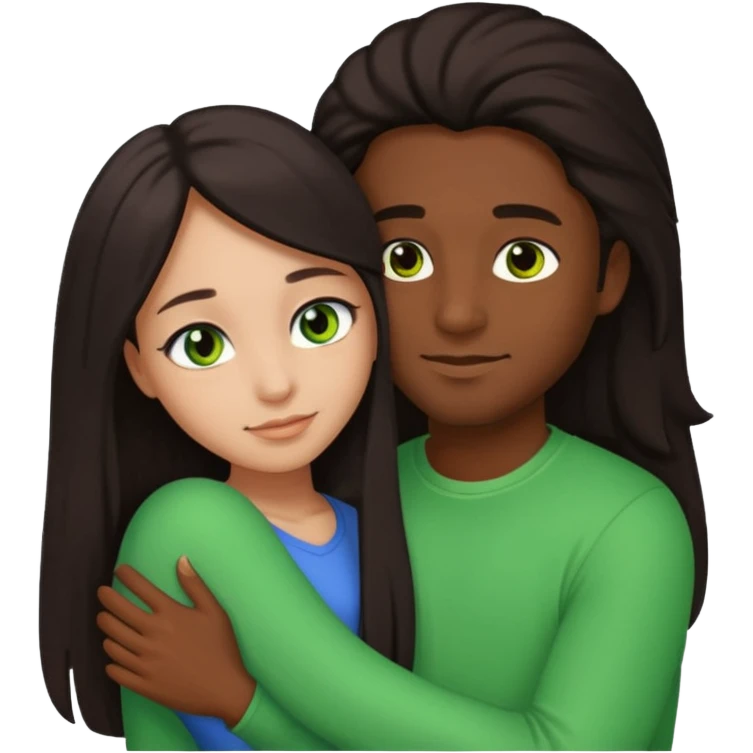 black guy with brown eyes and a girl with long dark hair, green eyes, and light skin in a side hug, emoji style emoji