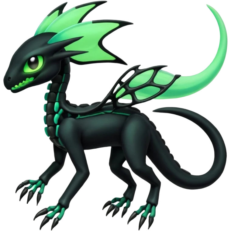 Obsidian-black and neon-glowing-green skeletal Meloetta-Salandit-Gorebyss-Salazzle-Pokémon-Fakémon-creature-fusion-hybrid emoji